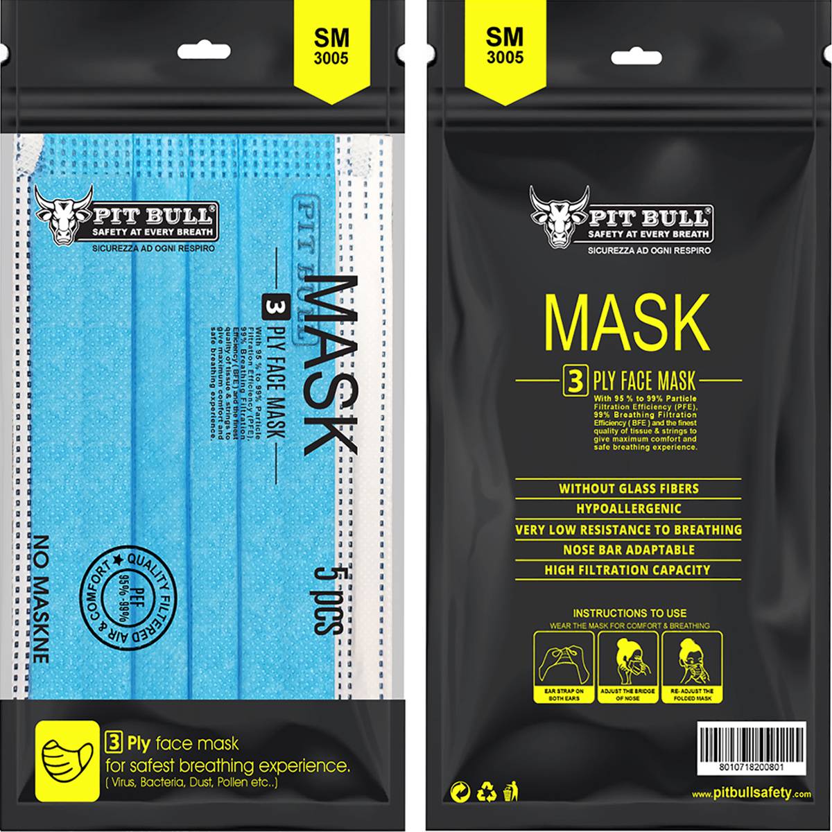 SM-3005 3ply Mask with Ear Loop D/B – Pouch of 5 Pcs